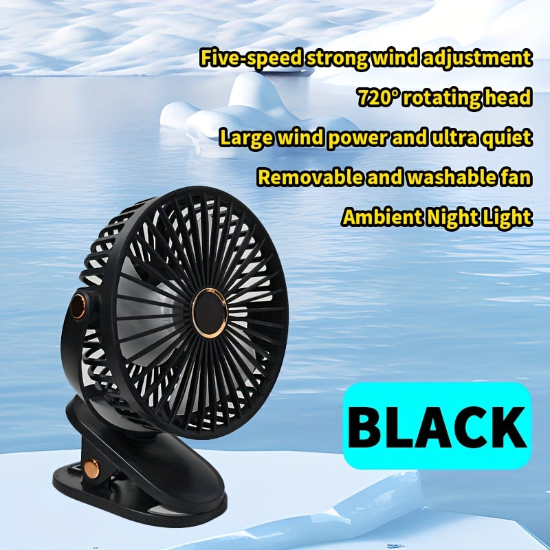 Portable USB Desk Fan with 5-Speed Adjustable, 720° Rotation, Quiet Clip Design