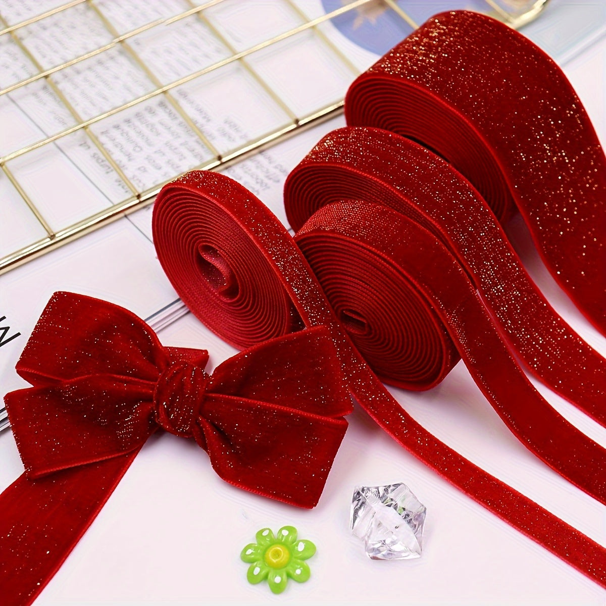 Red Velvet Ribbon 4.57m Glitter Accents for Gift Wrapping Wreaths and Decorations
