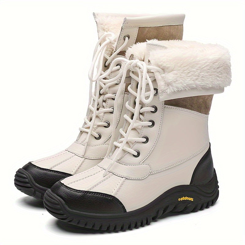 Women's Winter Snow Boots Plush Lined Non-Slip Thick Sole Lace-Up Black and White