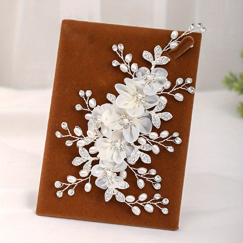 Pin de cabello nupcial con flores blancas, imitación de perlas, accesorio de boda, pin de pico de pato