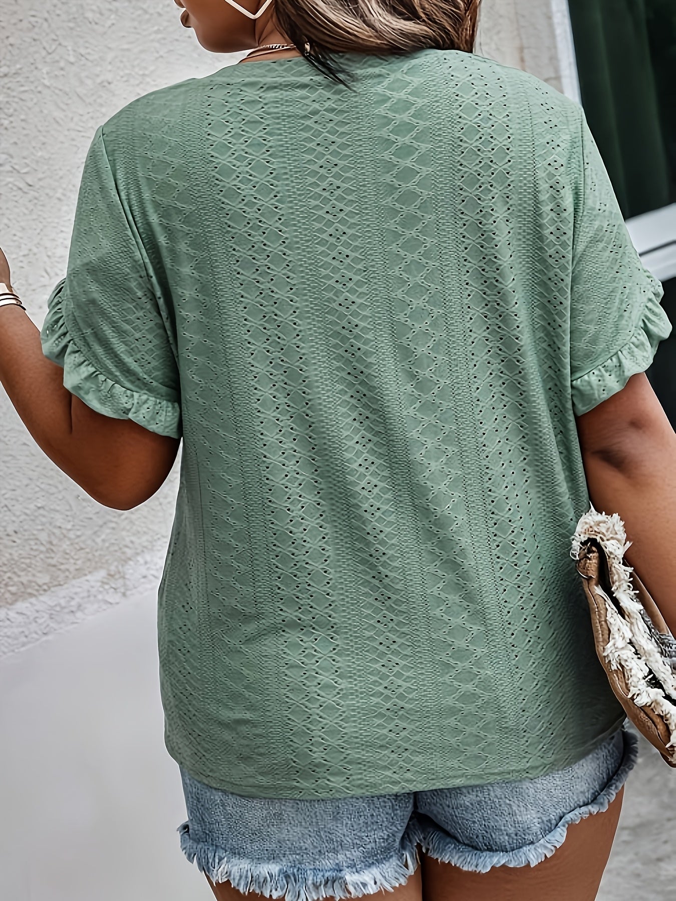 Plus Size V-Neck Blouse with Ruffled Sleeves Textured Jacquard Casual Top