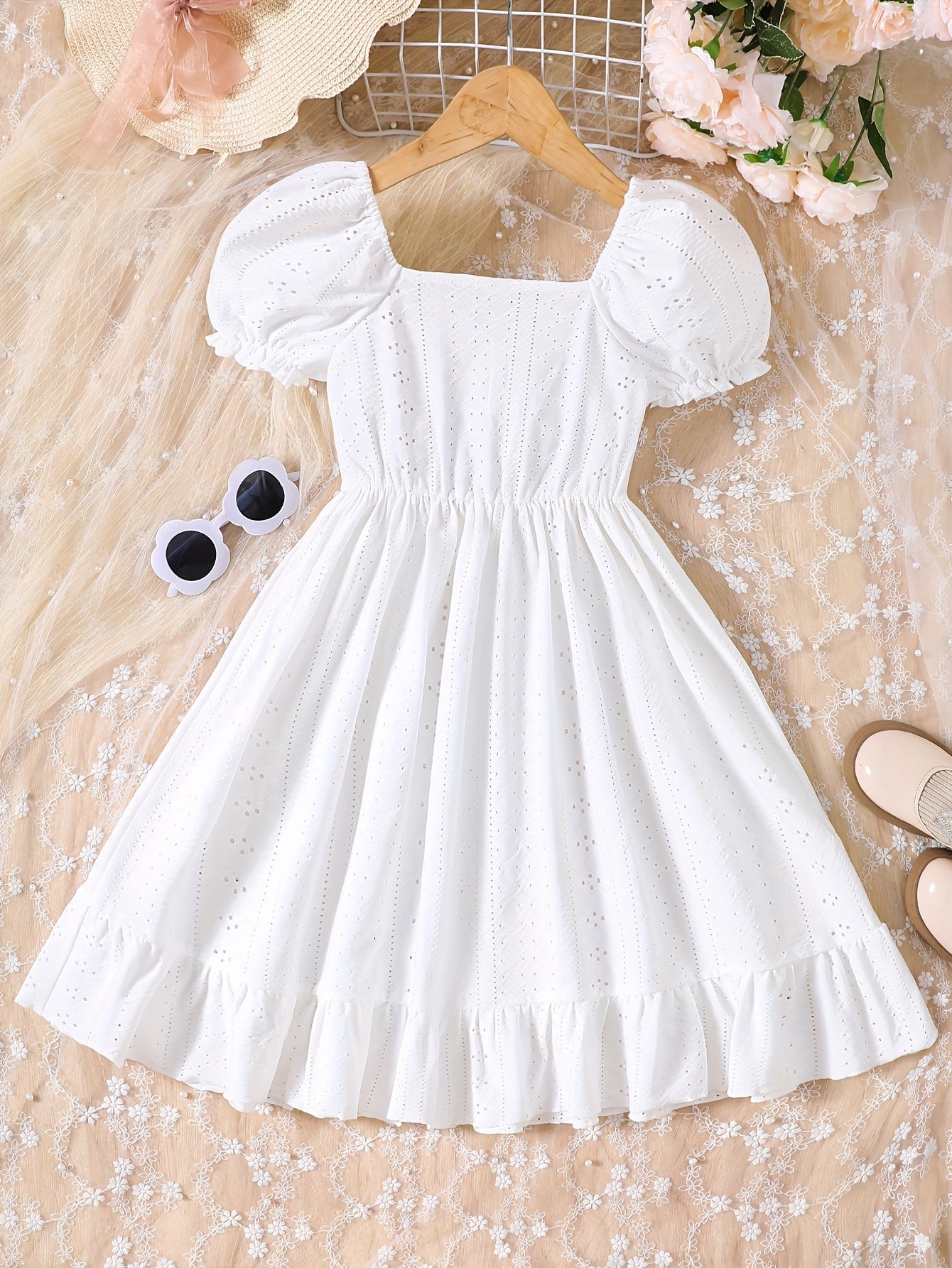 Girls Summer Dress with Eyelet Jacquard Puff Sleeves Ruffle Hem White Knit Fabric