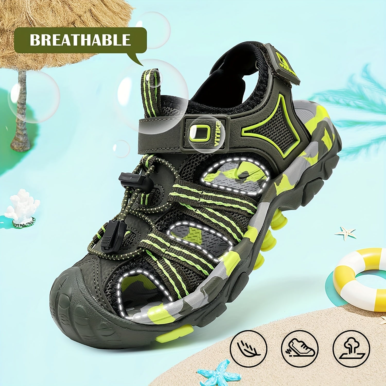 Детские камуфляжные спортивные сандалии с закрытым носком, застежки-липучки, ремешки, пляж, бассейн, весна, лето