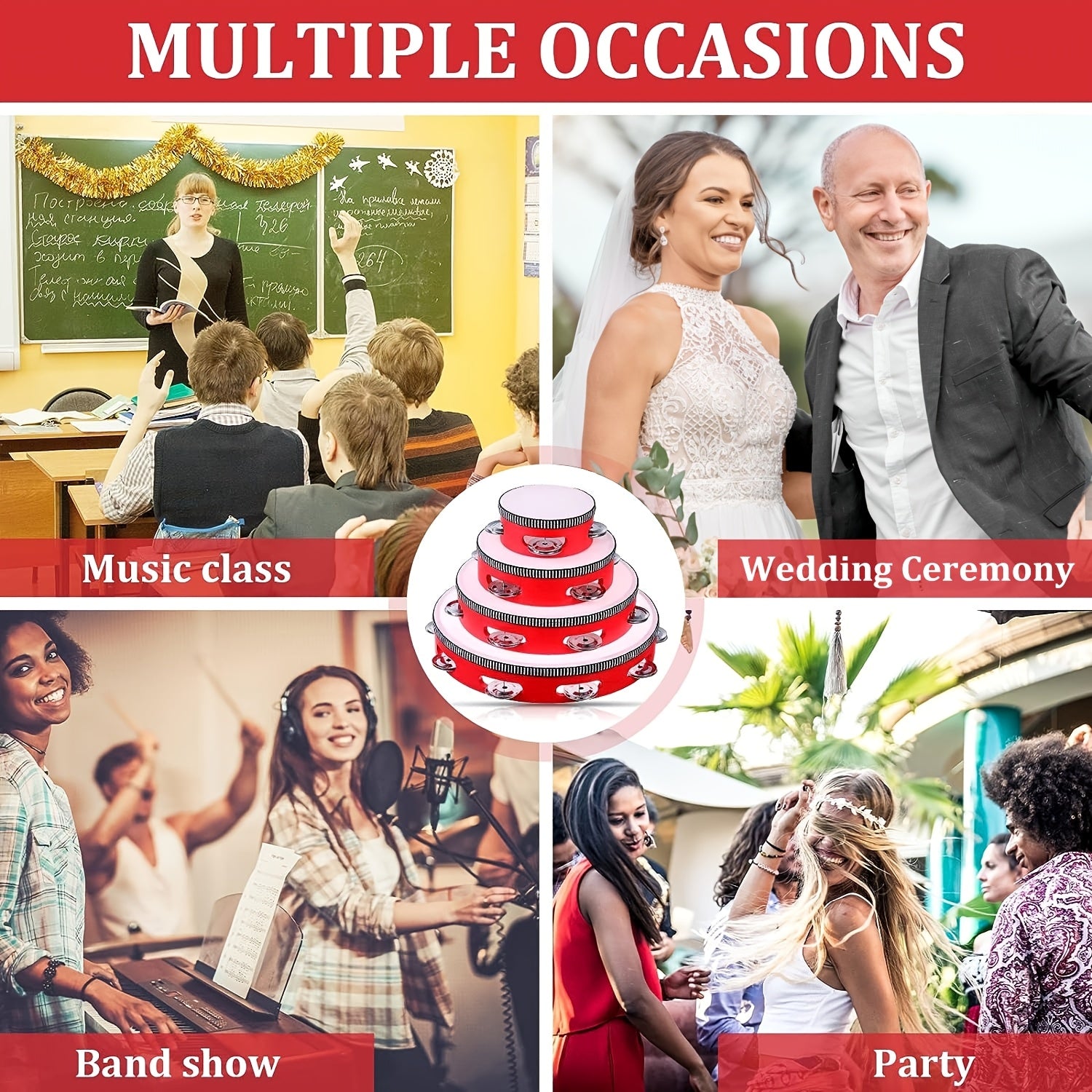 Red Wooden Handheld Tambourine with Metal Jingles for Adults 4 Sizes Rhythm Percussion Musical Instrument