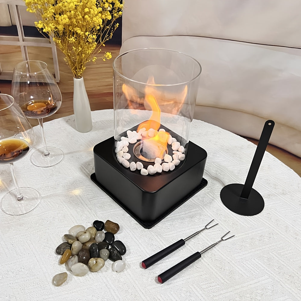 Modern Metal Bioethanol Fire Pit Portable Tabletop Fireplace with Stones and Accessories
