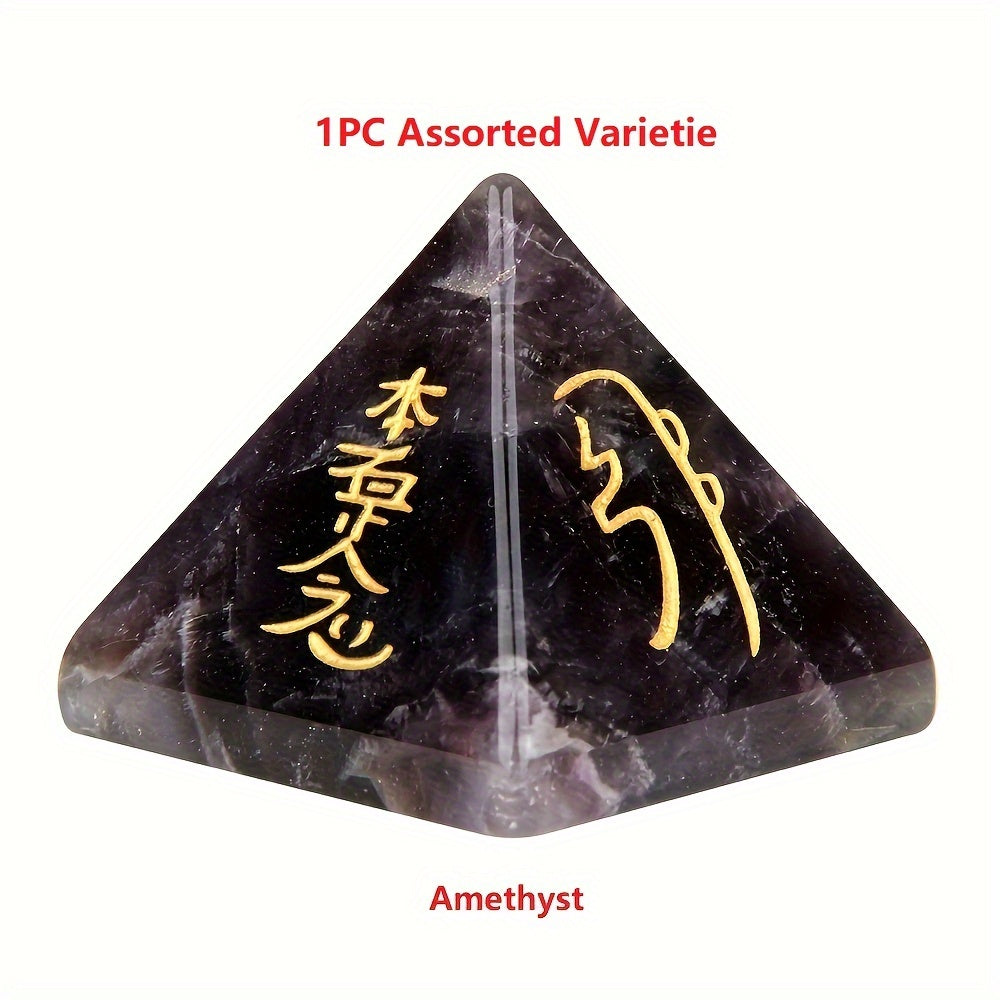 Hand-Carved Reiki Symbol Pyramid Natural Stone with Healing Crystals for Meditation and Gift