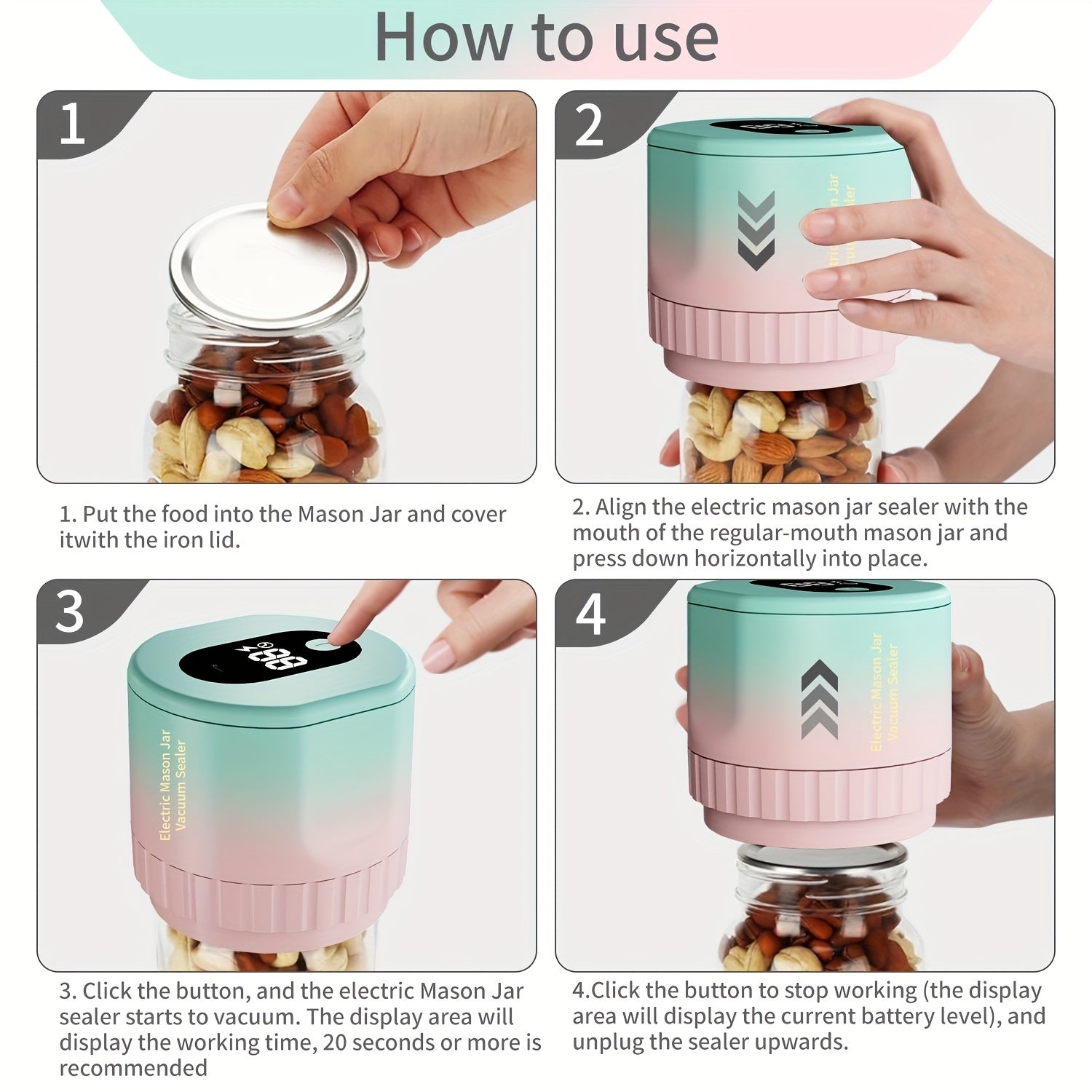 USB orqali qayta zaryadlanadigan batareyaga ega Elektrik Mason Jar Vacuum Sealer Kiti.