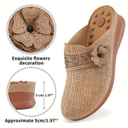 Women's Breathable Faux Leather Slip-On Mules with Floral Bow Beige Casual Shoes