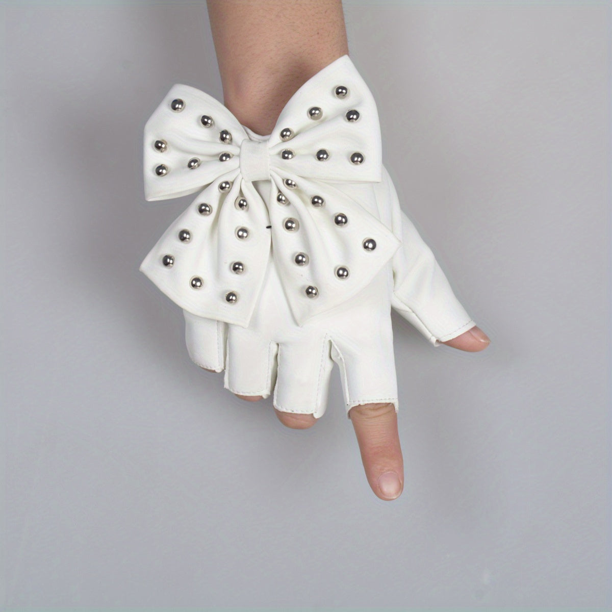 Women's Half Finger Rivet Bow PU Leather Gloves for Punk Dance and Hip Hop