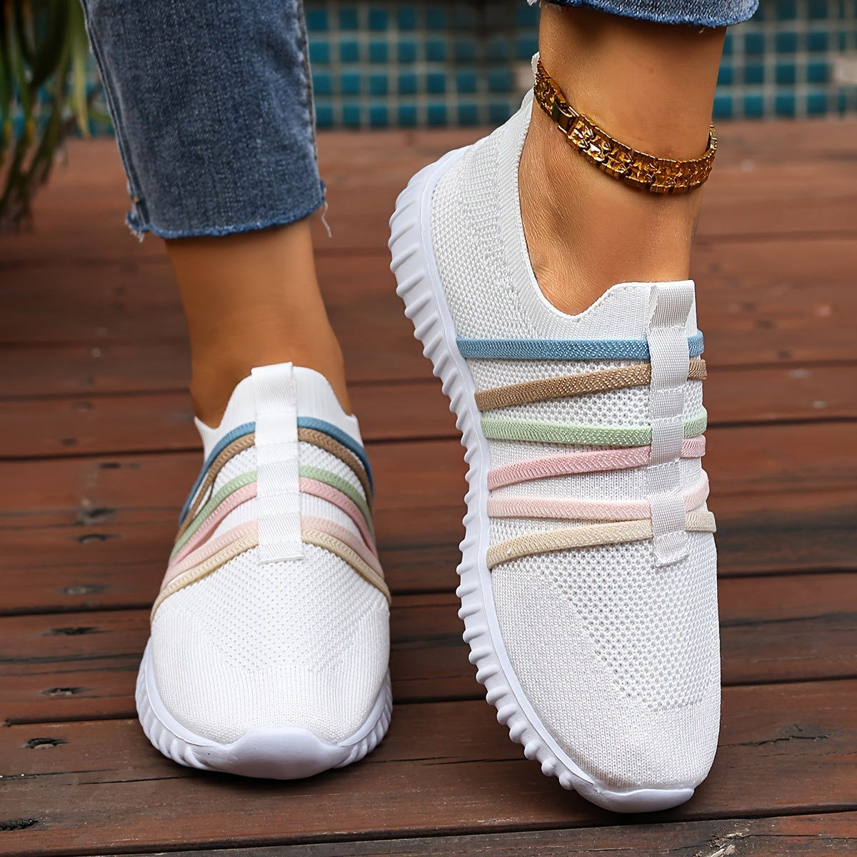 Women's Slip-On Casual Sneakers Breathable Fabric Pastel Stripes
