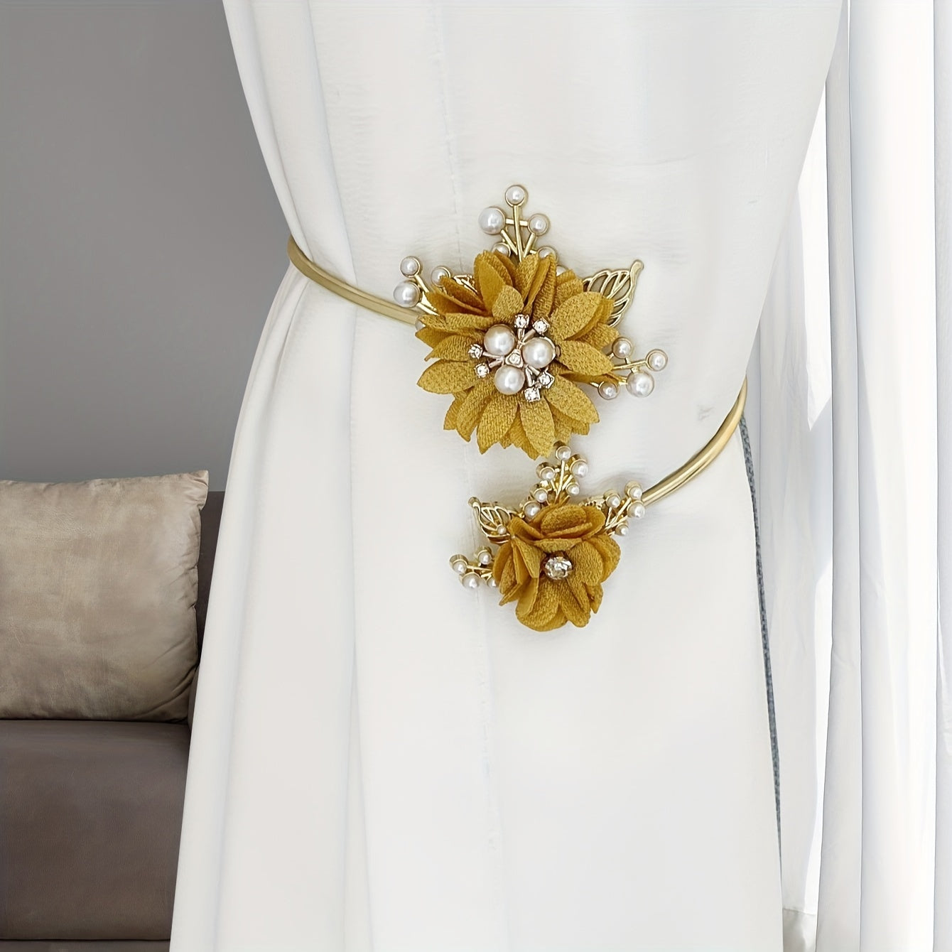 Metal Curtain Tieback with Faux Pearls for Living Room and Bedroom Decor