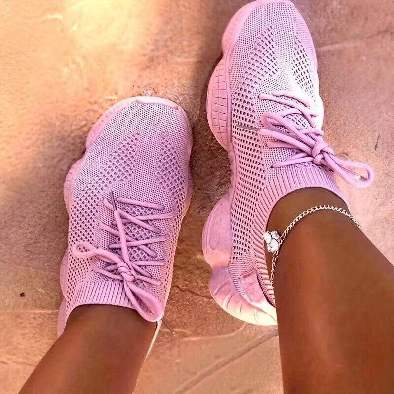 Women's Casual Sneakers, Lightweight Round Toe, Lace Up, Solid Color