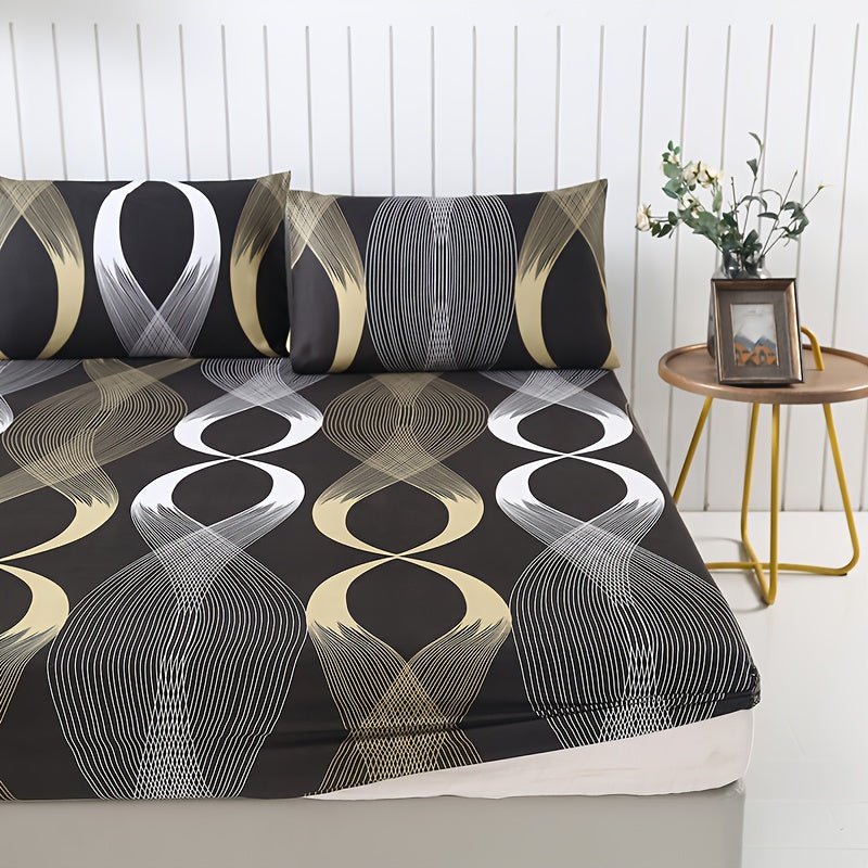 Yog'li yotoq to'shagi to'plami, gullli geometrik dizayn bilan, 3 ta qism, yotoqxona yoki mehmonxona uchun