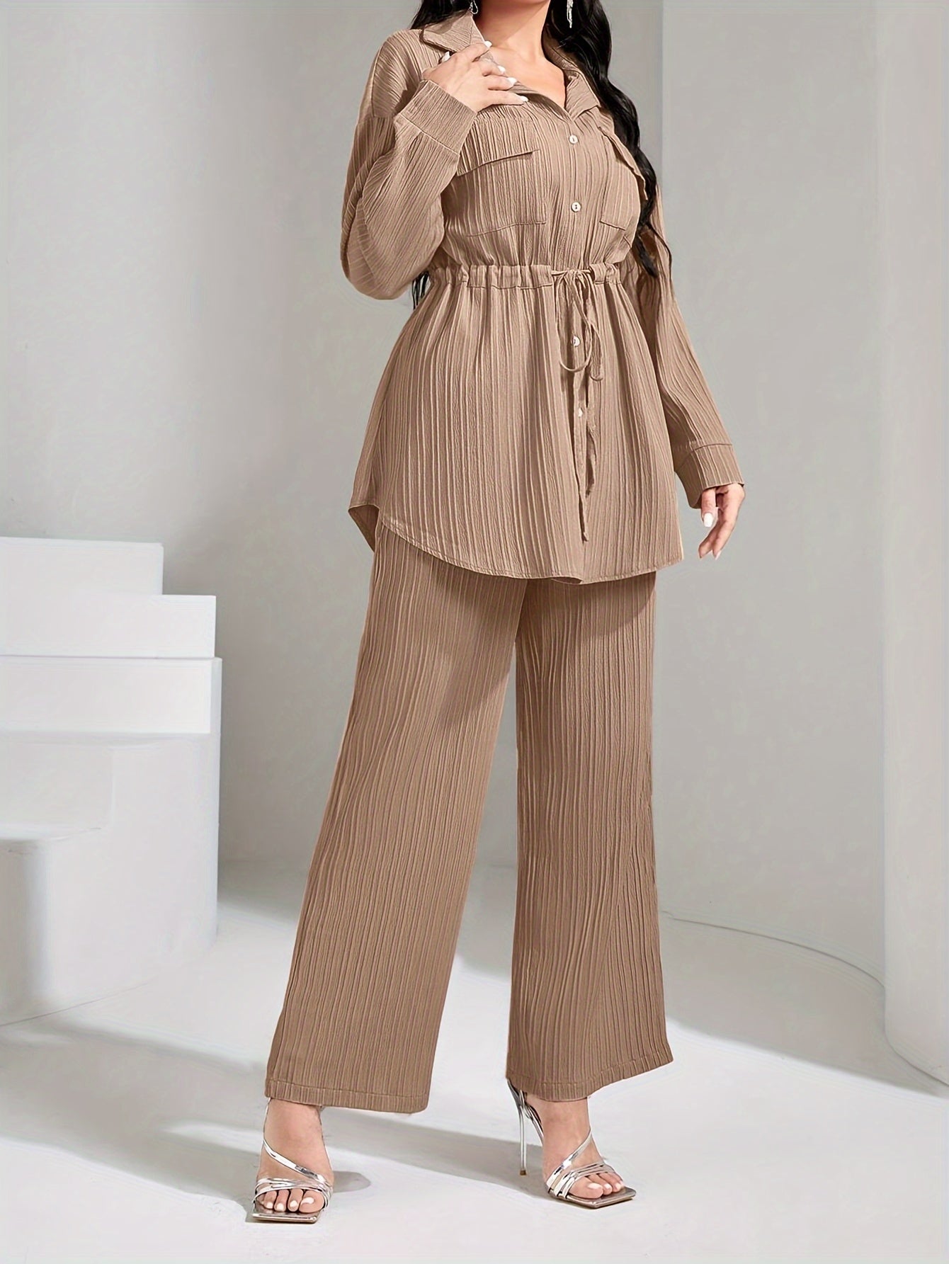 Women's Polyester Suit with Lapel Collar Solid Color Woven Fabric Long Sleeve Wide Leg Pants for Spring Fall