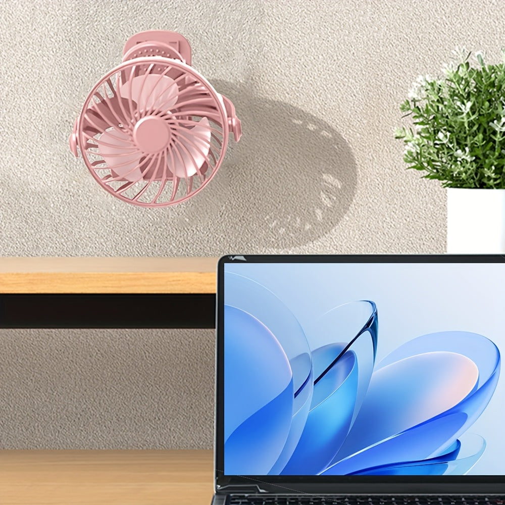 3 tezlik sozlamali, qayta to'ldiriladigan batareyali, kompakt va yengil dizaynga ega portativ USB stol fan, uy ofisi yoki sayohat uchun ideal, pushti rangda.