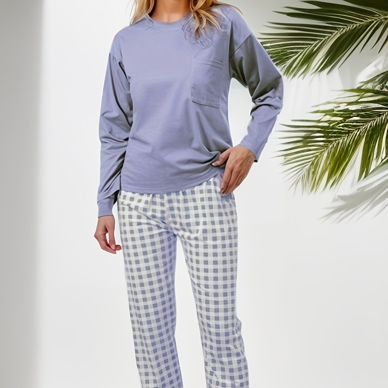 Women's Plaid Print Pajama Set with Crew Neck Top and Long Pants for Lounging