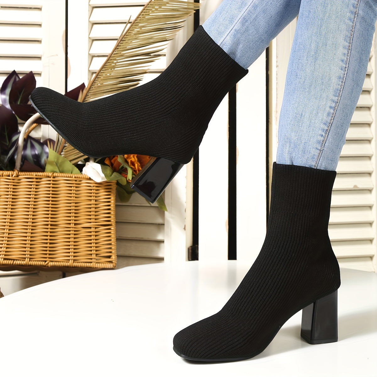 Women's Solid Color Slip On Casual Chunky Heel Mid Calf Boots