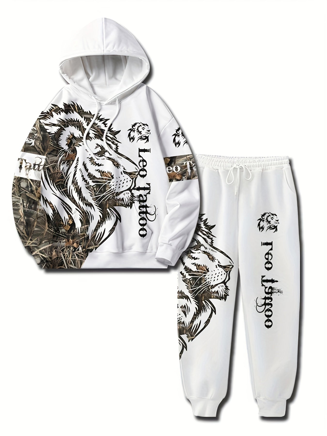 Men's Polyester Tracksuit Set with Geometric Lion Print Hooded Casual Spring Fall