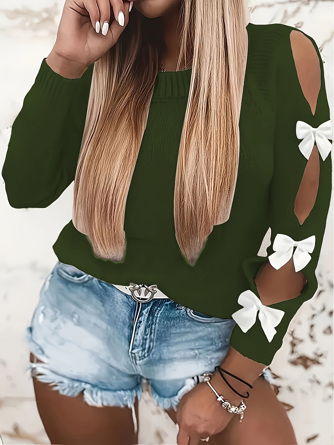 Plus Size Women's Sweater Long Sleeve Bow Accent Fall Winter Pullover