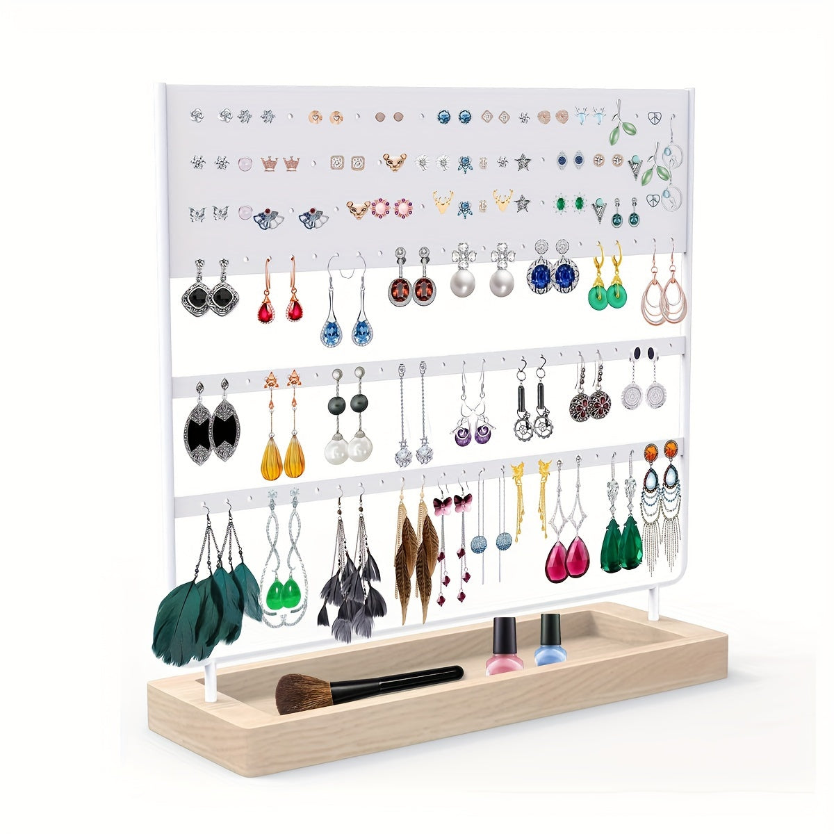 Wooden Earring Organizer Stand with 144 Holes Jewelry Display Rack
