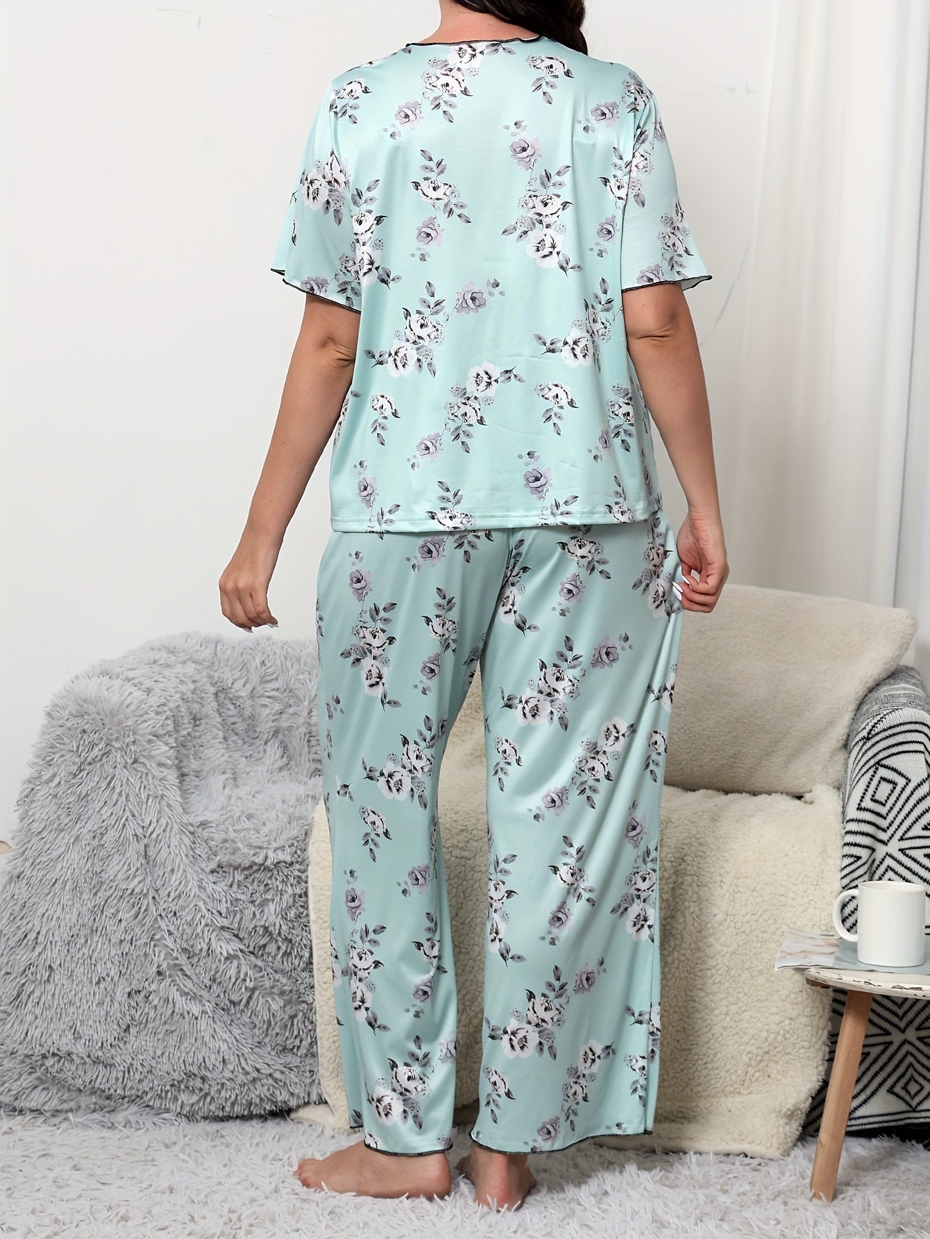 Plus Size Women's Floral Print Pajamas Set Short Sleeve Lounge Two Piece