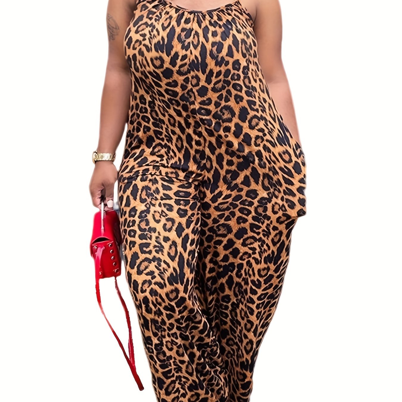 Women's Leopard Print Sleeveless Jumpsuit with Pockets, Stretchy Comfortable