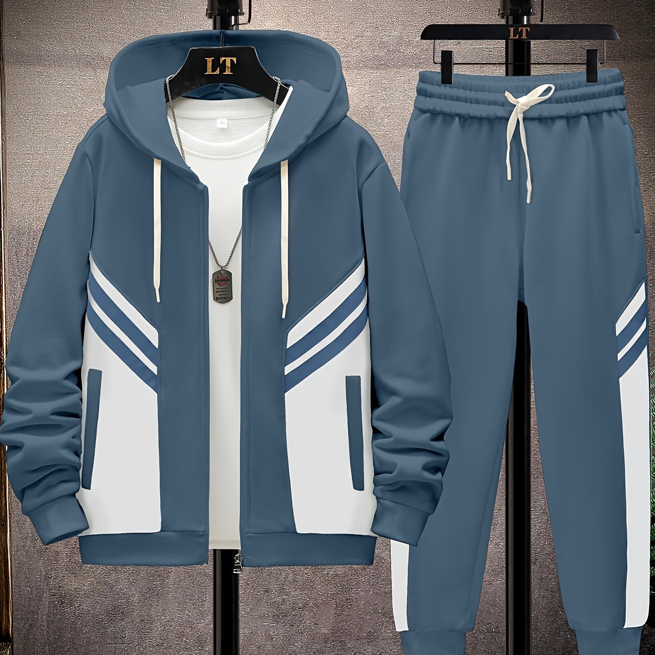 Men's Casual Color Block Polyester Hooded Suit Set with Long Sleeves