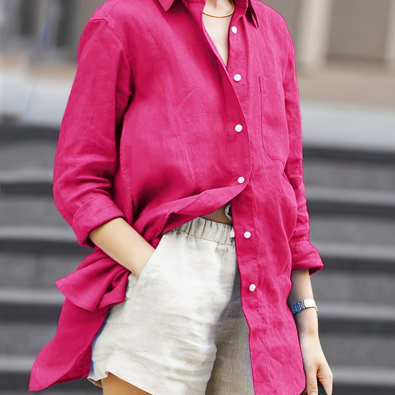 Plus Size Women Solid Color Button-Up Shirt Casual Dressy Top