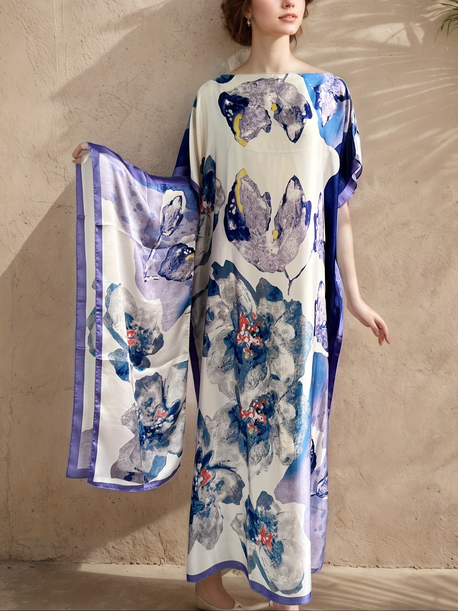 Plus Size Women's Maxi Dress Floral Batwing Sleeves Purple Blue Formal Casual