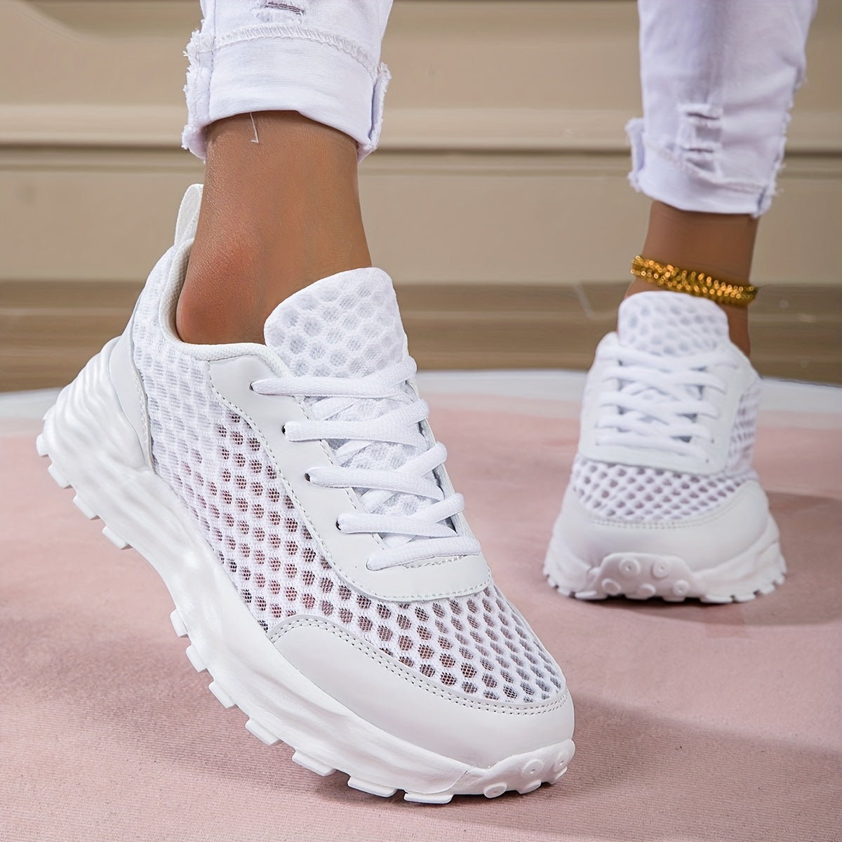 Women's White Casual Perforated Sneakers Low Top Lace-Up Comfort Shoes