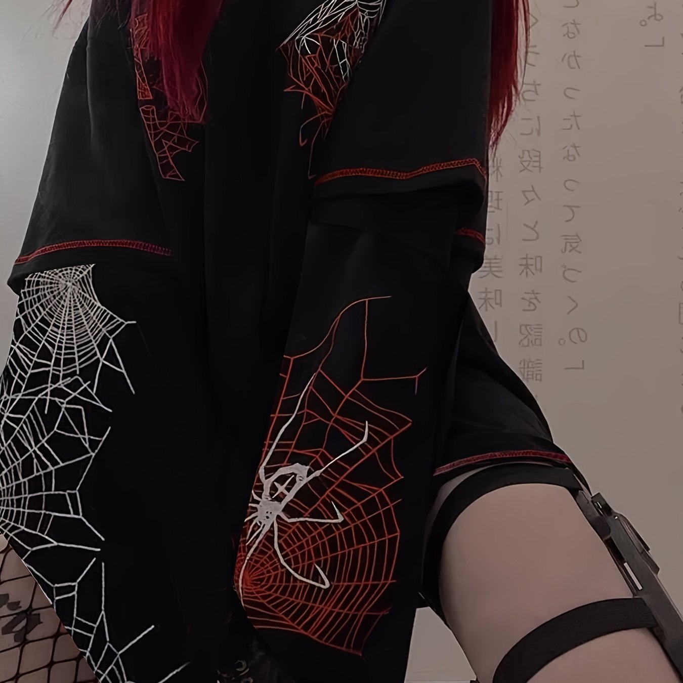 Y2K Spider Web Pattern Faux Two-Piece T-Shirt Long Sleeve Crew Neck Fall Winter