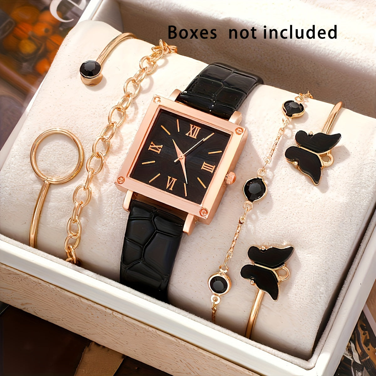 Set of 5 Women's Square Quartz Watches with Personalized Romantic Design and Matching Jewelry