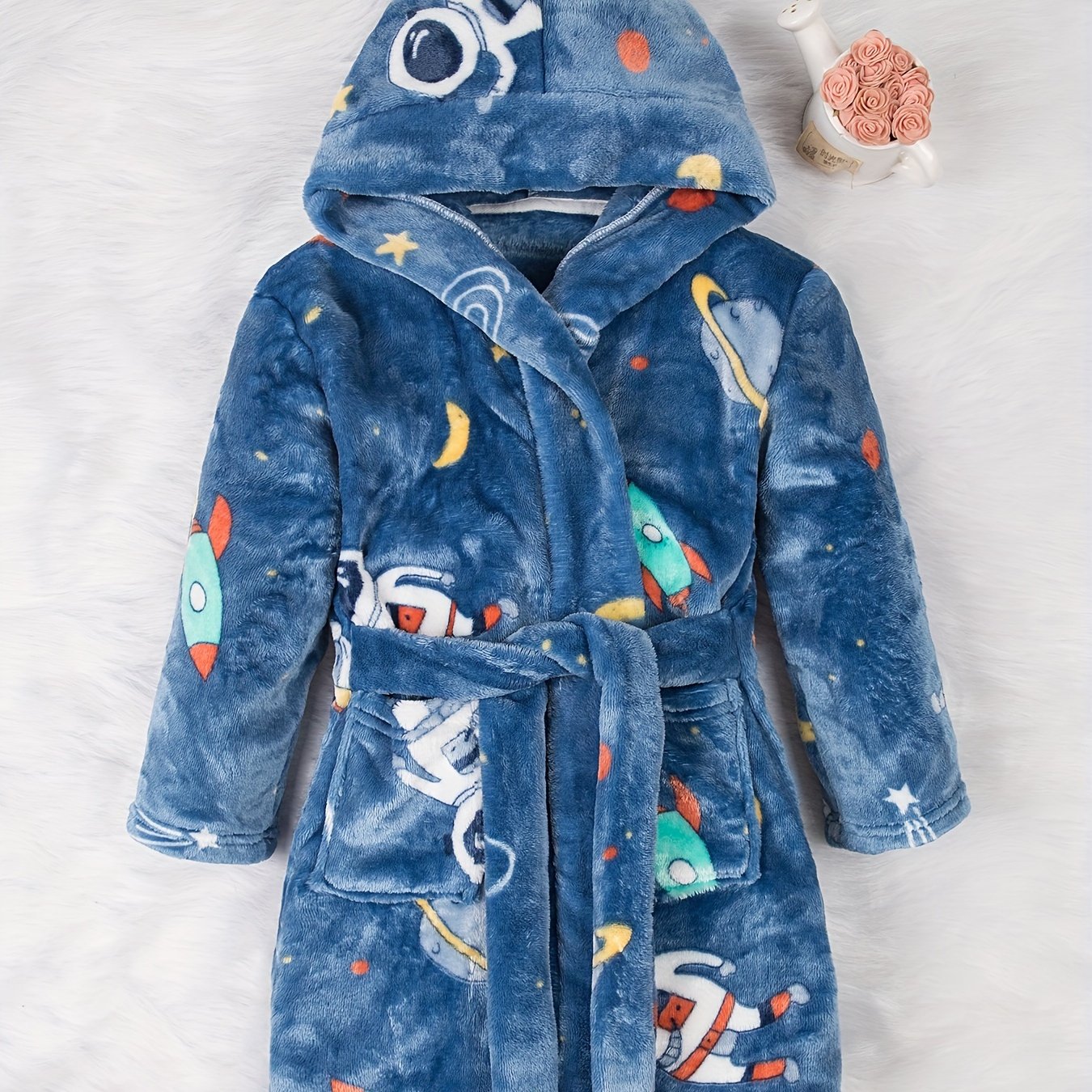 Kids' Space-Themed Fleece Robe with Hood Pockets Flame Retardant for Boys 2-11