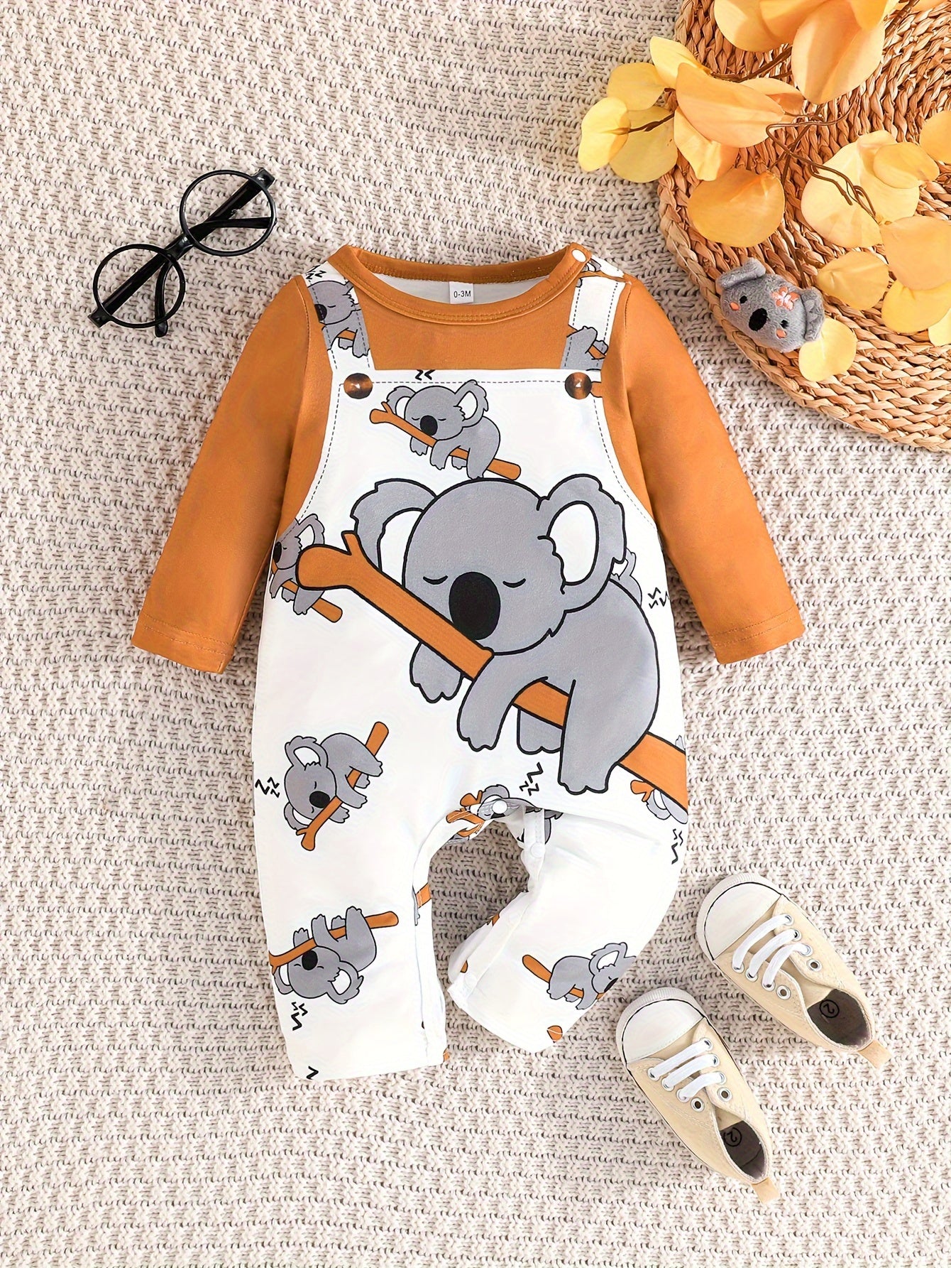 Baby Boys Bodysuit with Cartoon Elephant Print Long Sleeve Casual Two-Piece Spring Fall