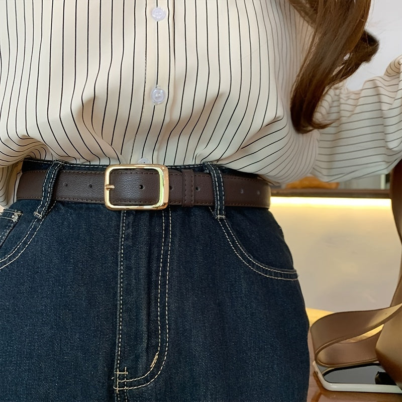 Women's Leather Belt with Gold Pin Buckle Solid Color Waistband for Casual or Business Style Jeans