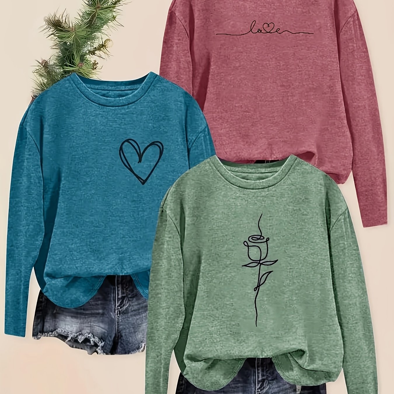 Women's Long Sleeve Cotton Casual Tops Set with Geometric Prints in Pink Blue Purple