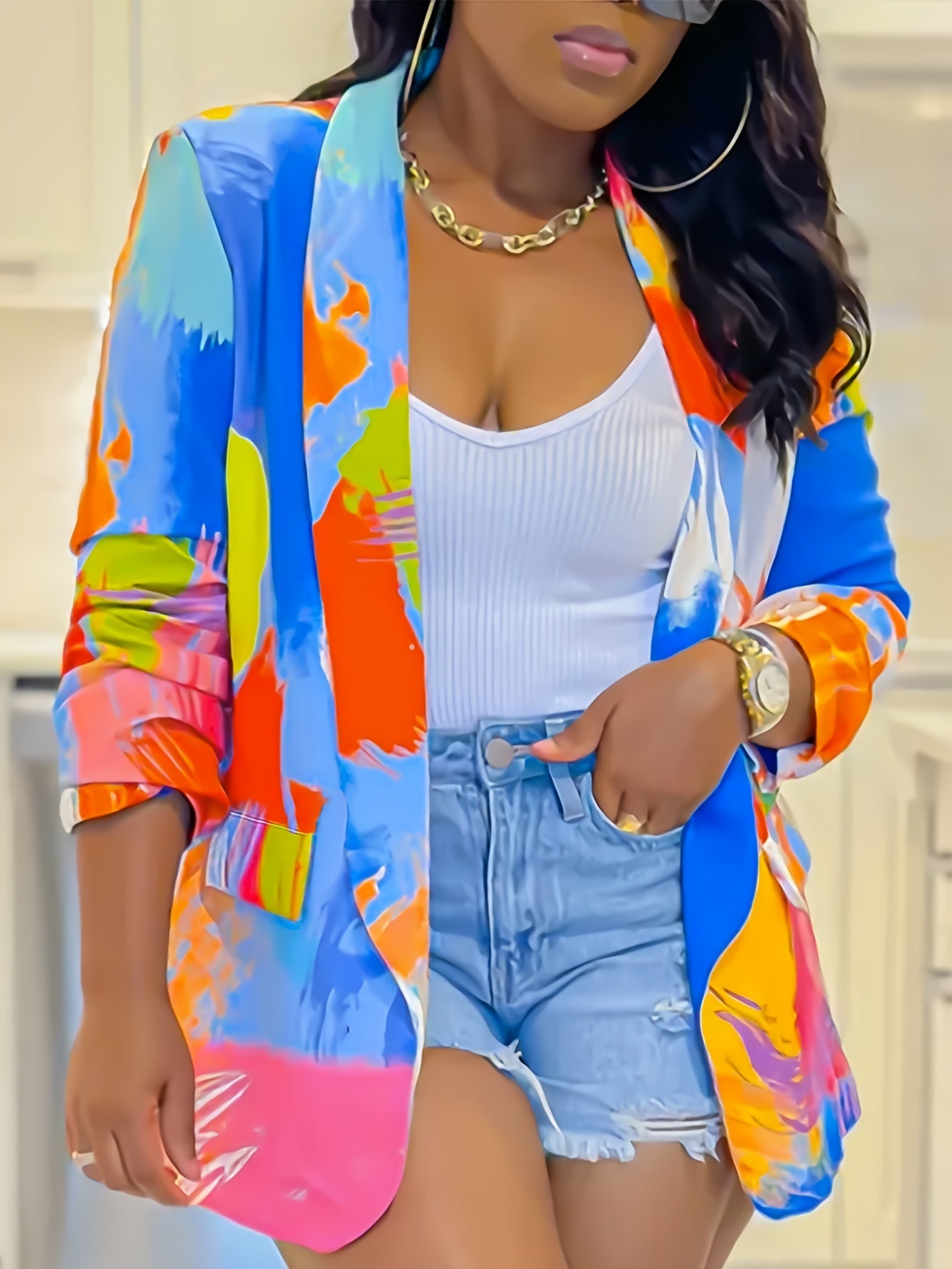 Plus Size Tie-Dye Blazer for Women Lightweight Polyester Casual Fall Winter