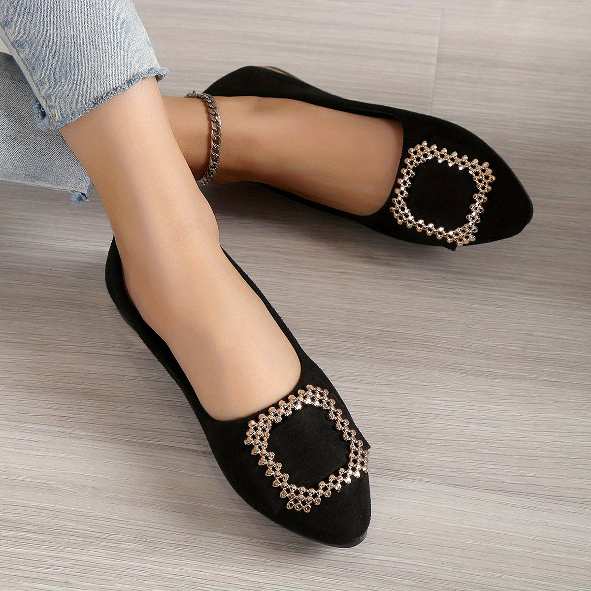 Women's Slip-On Flats with Pointed Toe Sparkling Buckle Lightweight Fabric Spring Shoes