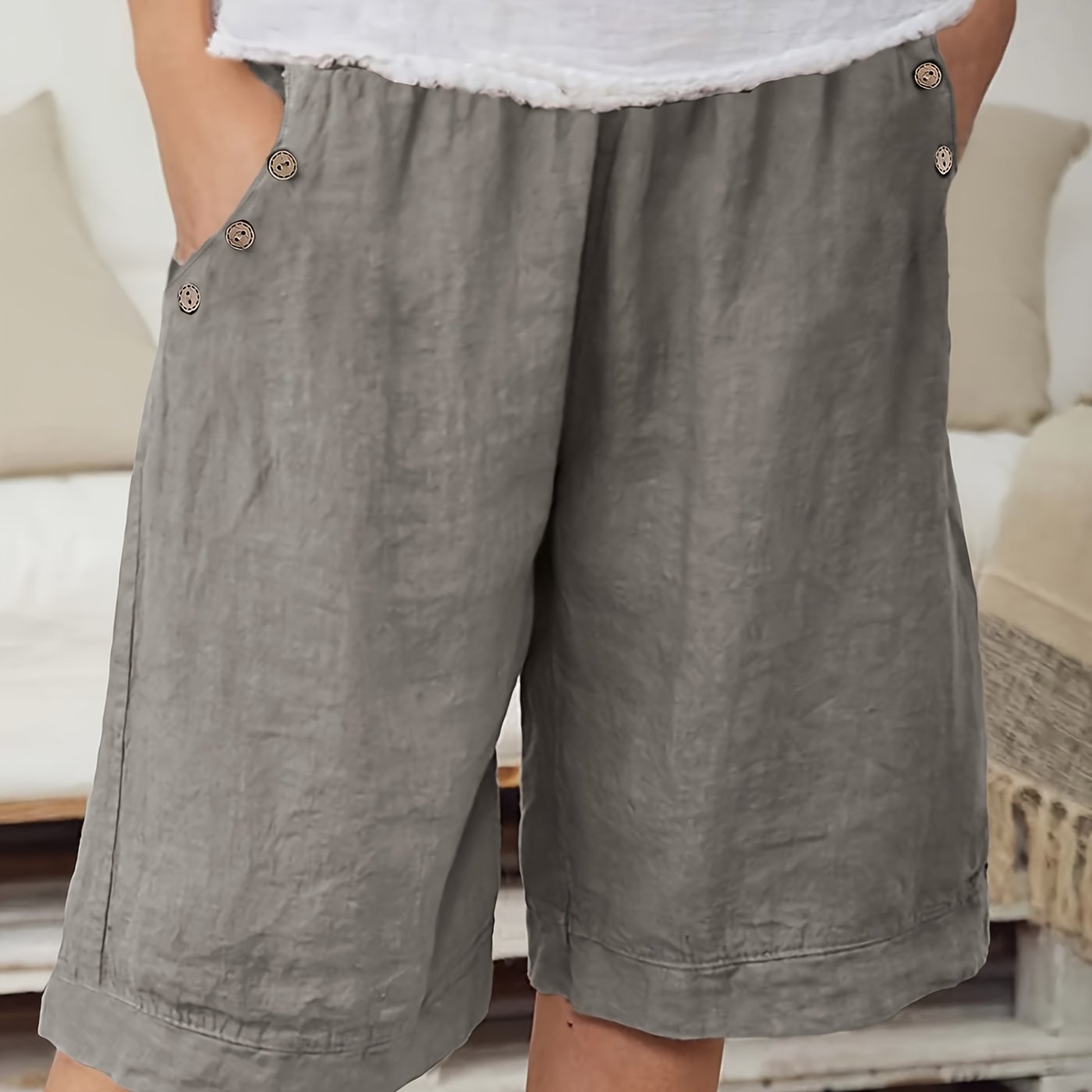 Pantalones cortos casuales de color sólido para mujer, poliéster, gris claro, ajuste relajado, verano