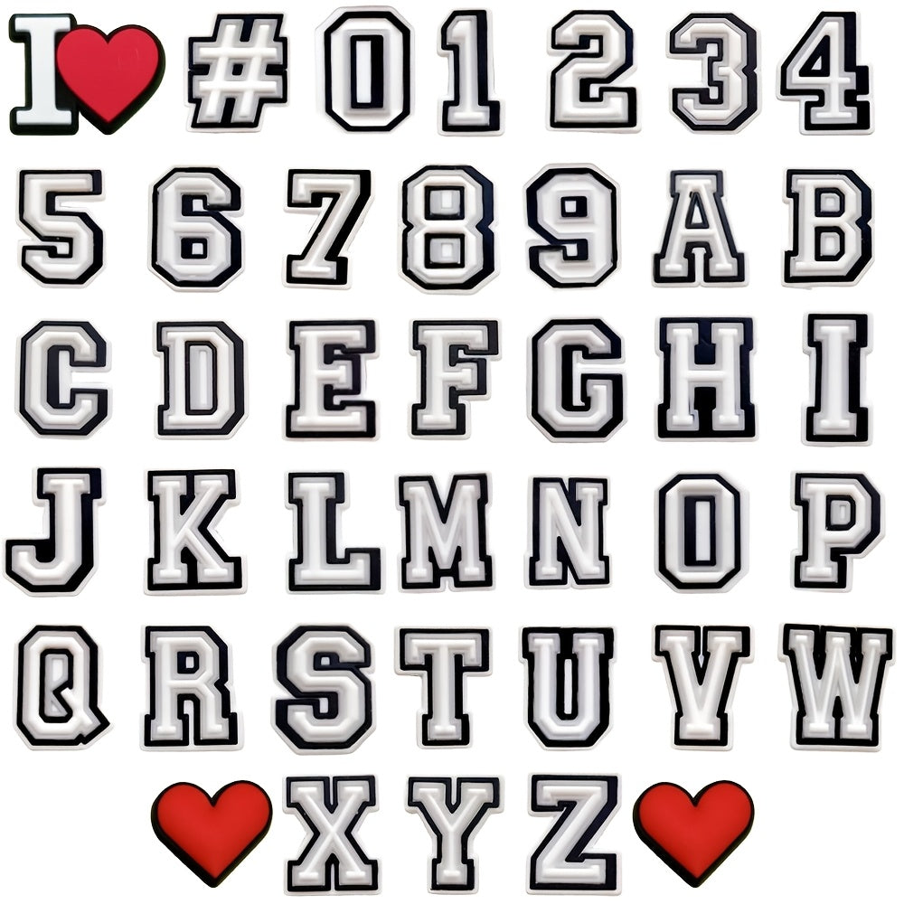 40PCS Unisex PVC Shoe Charms Black and White Alphabet Letter Number Decorations