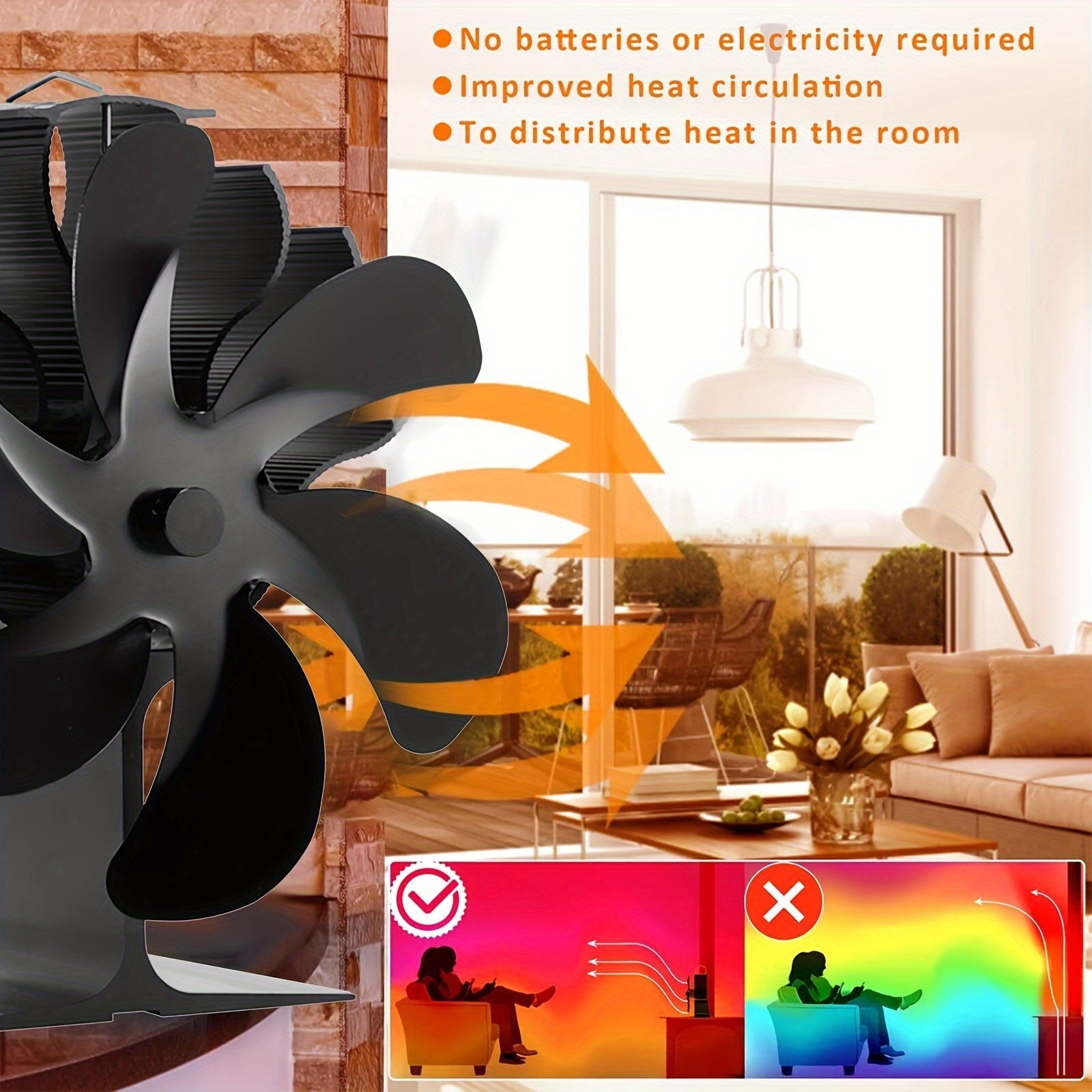 Wood Stove Fan Heat Powered Non-Electric Six Blades Fireplace Heater Accessory
