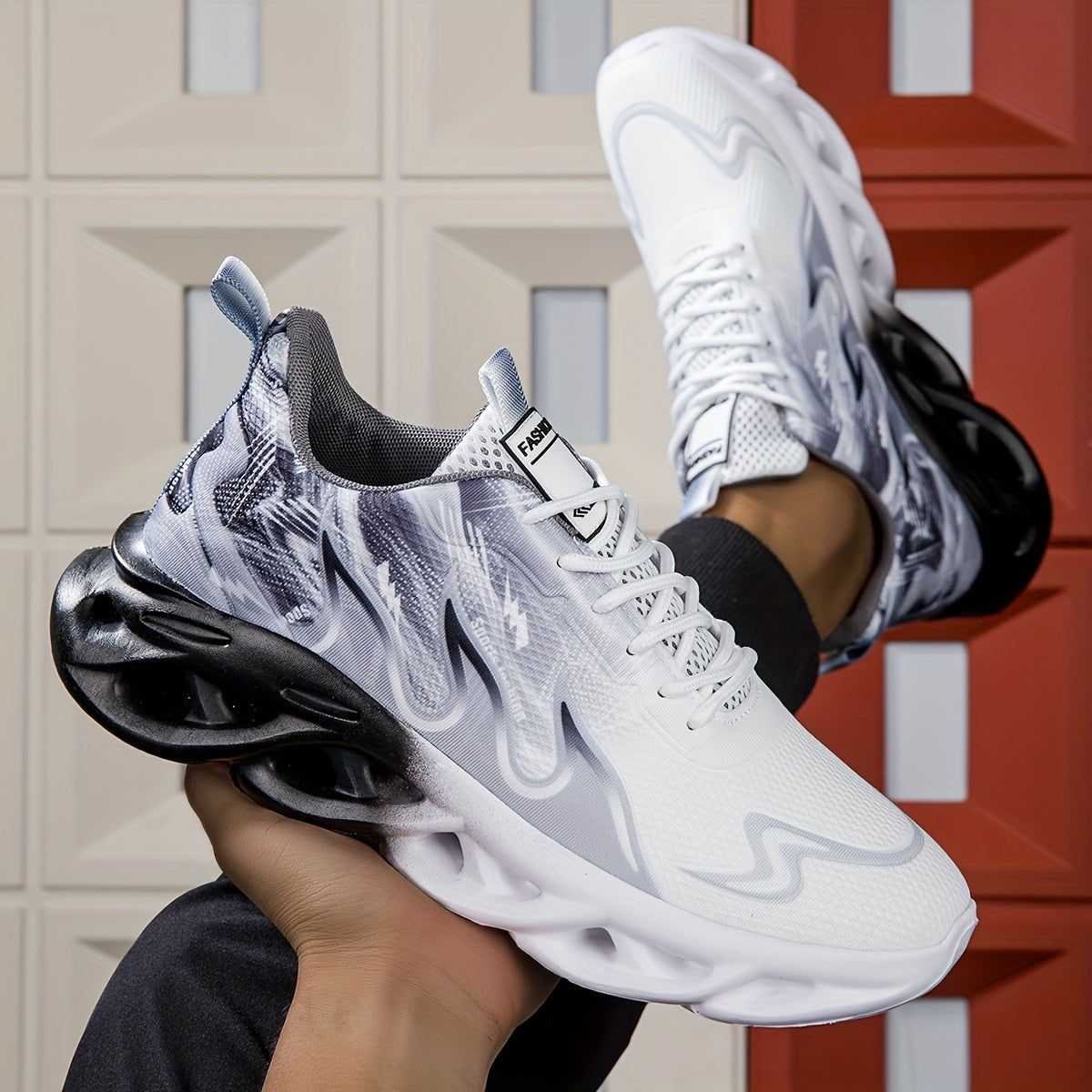 Men's Black and White Gradient Mesh Sneakers with Thick Sole for Height Boost Running Casual Autumn