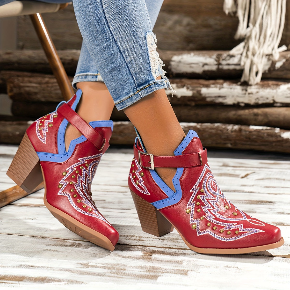 Women's Golden Beads Chunky Heel Ankle Boots with Buckle Strap