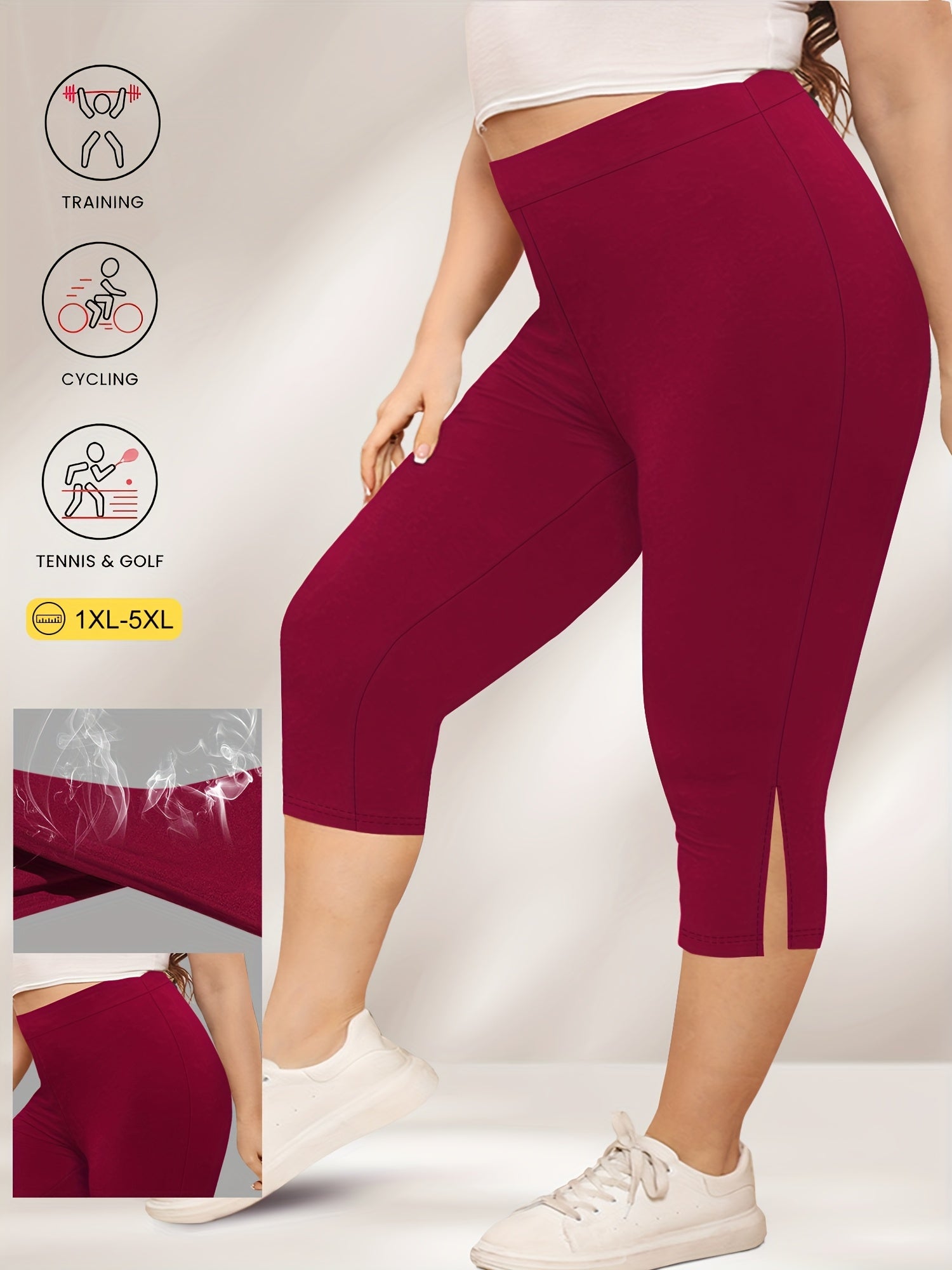 Plus Size High-Waist Knee Leggings with Side Slit Stretchy Polyester Blend