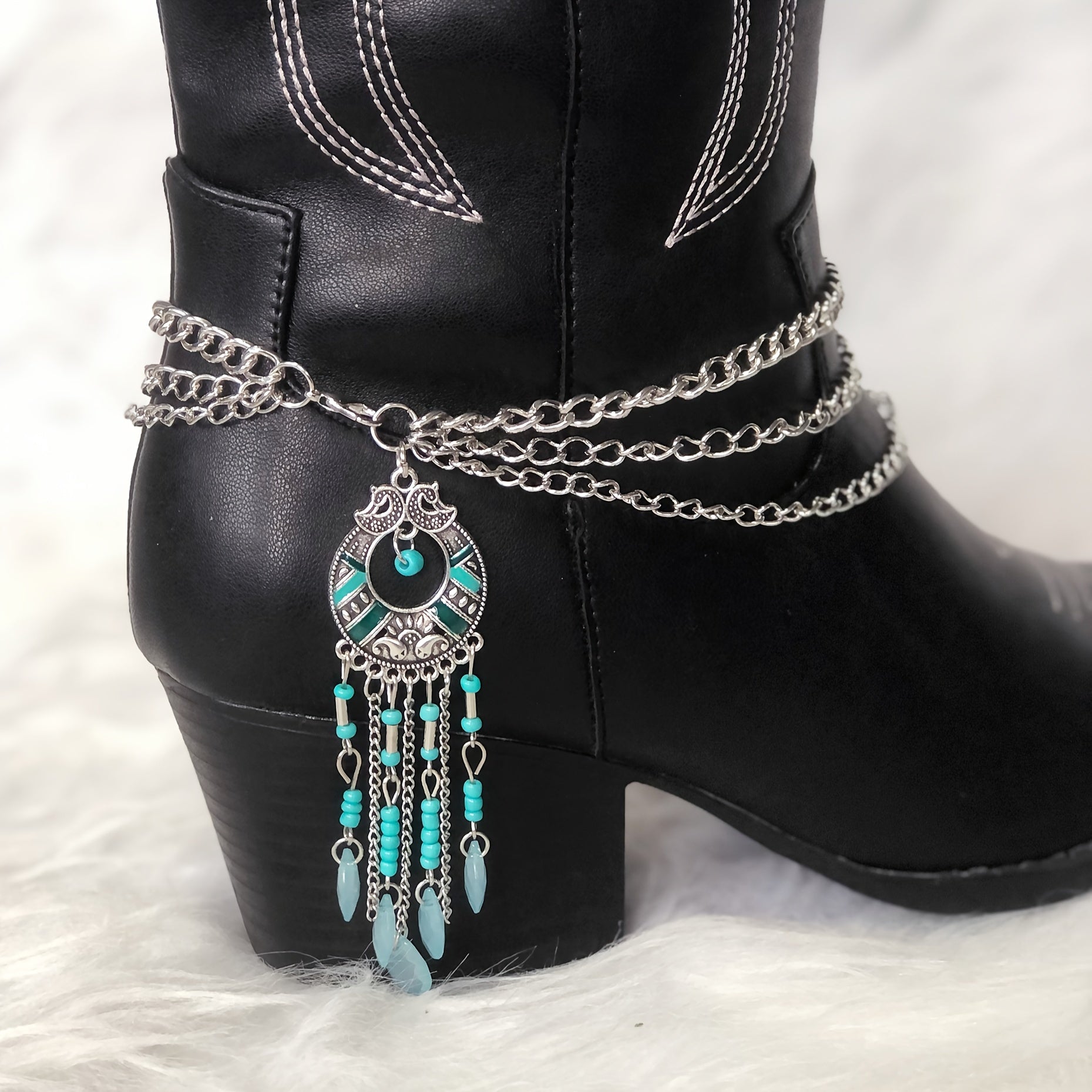 Women Western Boot Chain with Turquoise Beads and Tassel Pendant