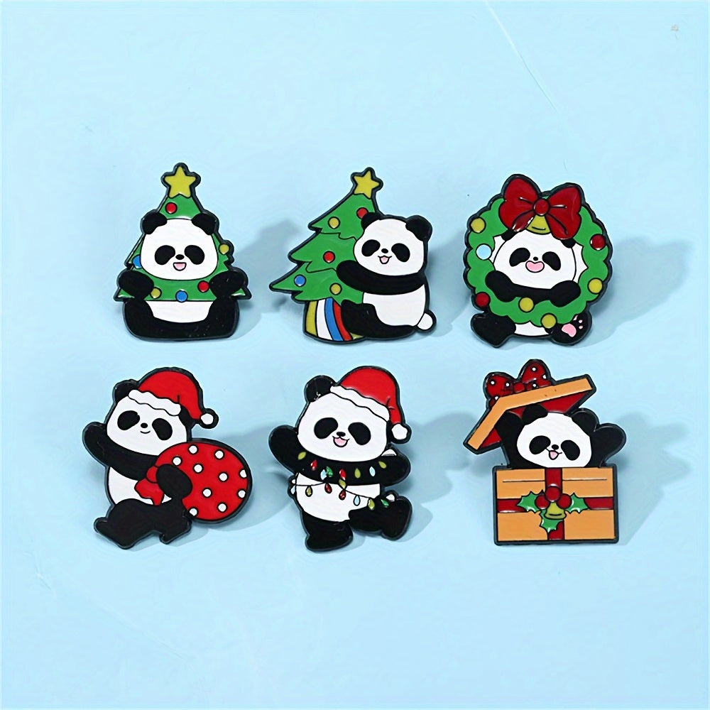 6 ta Cartoon Panda Enamel Pins to'plami, Rojdestvo ta'tili uchun dekorativ yelka belgilari, sumkalar va kiyimlar uchun