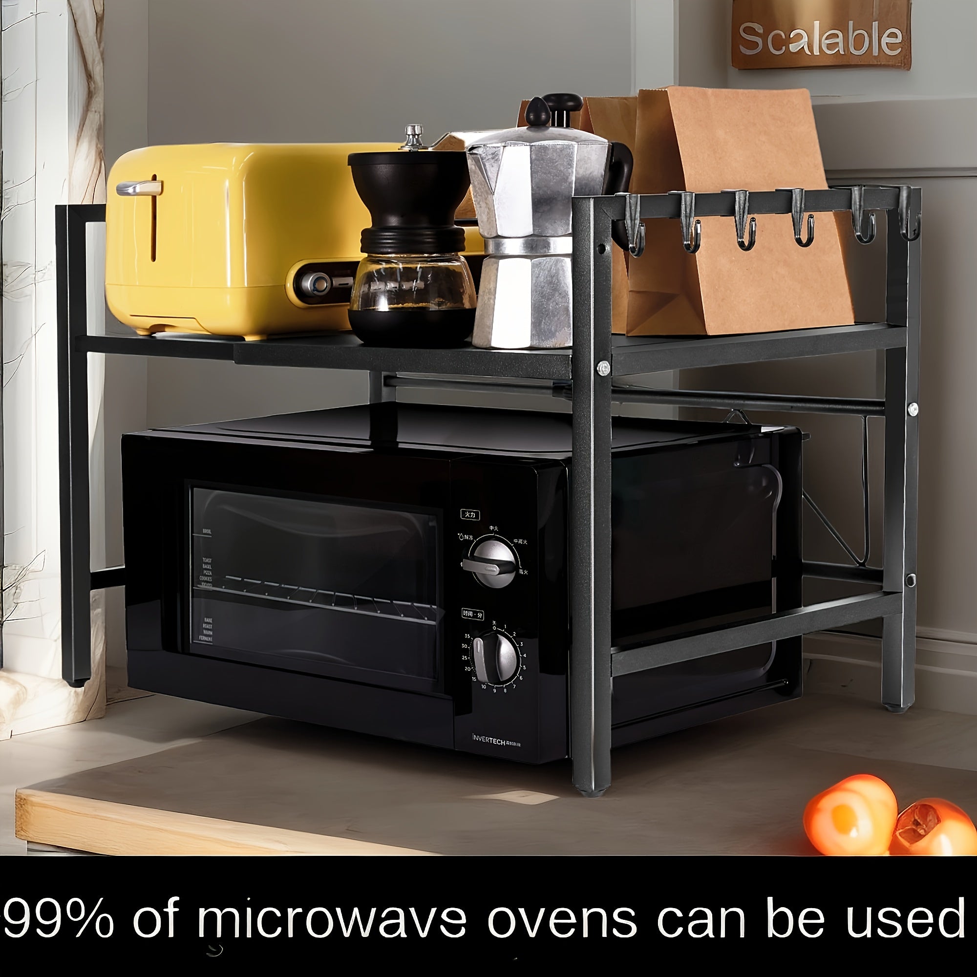 Moslashuvchan 2-qavatli mikroto'lqinli pech stendi, mikroto'lqinli pech va oshxona anjomlari uchun joyni tejovchi tashkilotchi