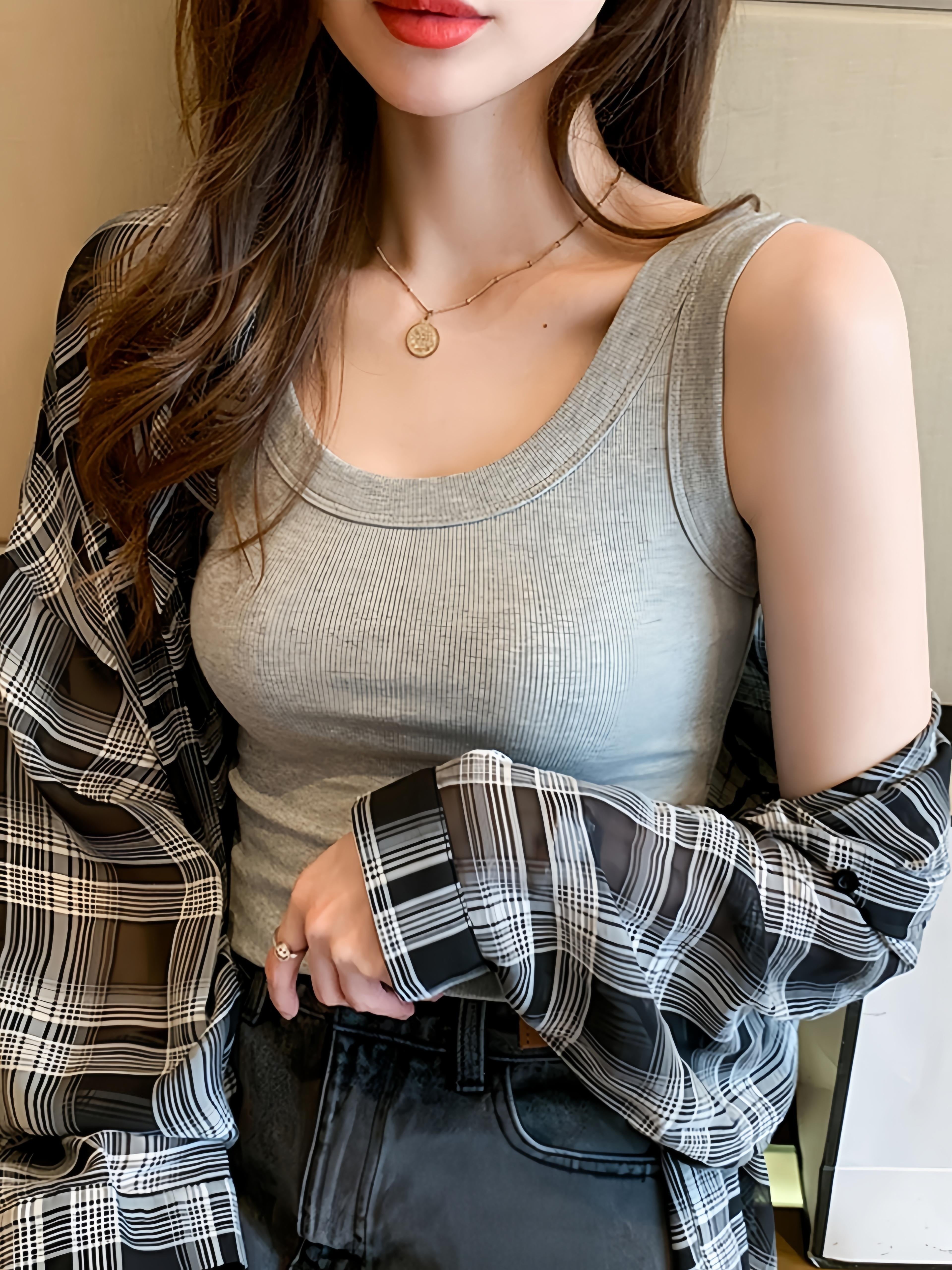 Women's Ribbed Tank Top with Side Stripe Solid Color Low Neck Sleeveless Layering Top