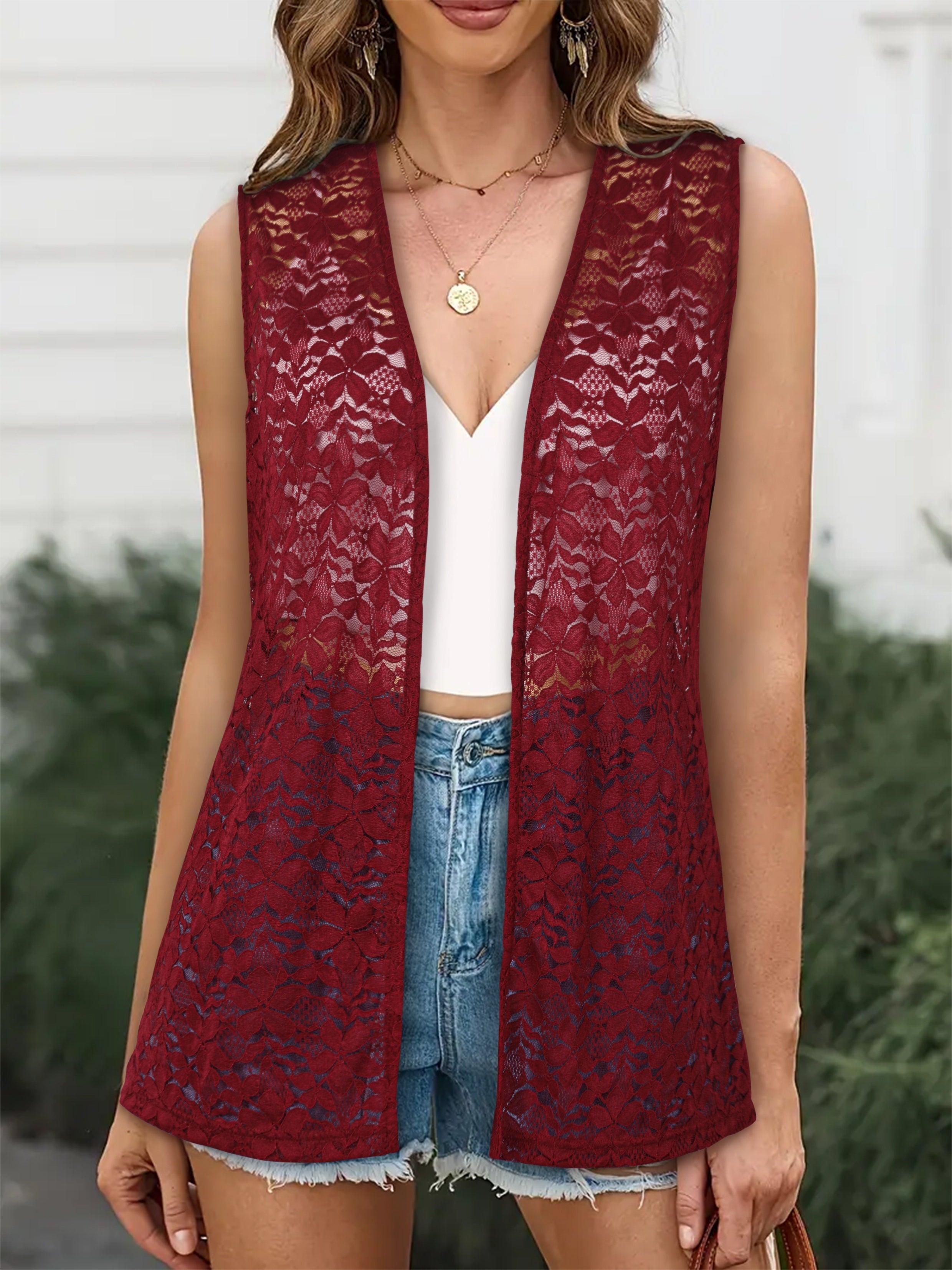 Plus Size Women's Sleeveless Cardigan Sheer Lace Burgundy Floral Open Front