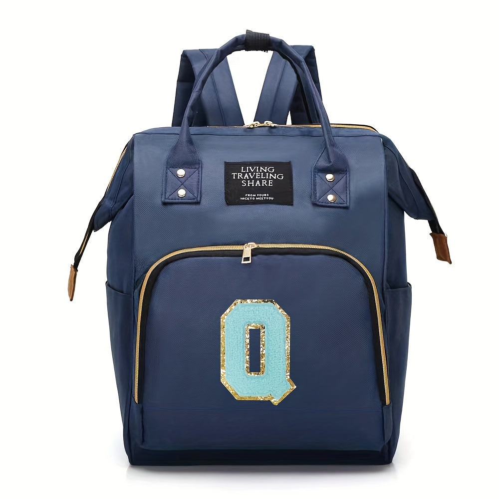 Blue Polyester Diaper Bag with Multiple Compartments and Bottle Holder